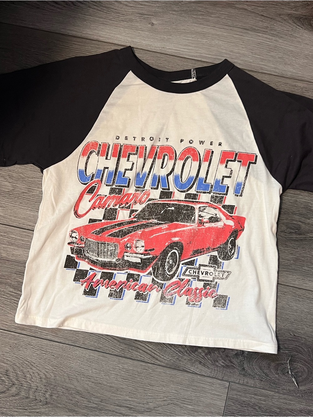Hybrid Apparel White & Black Raglan Tee with Red Chevrolet Graphic